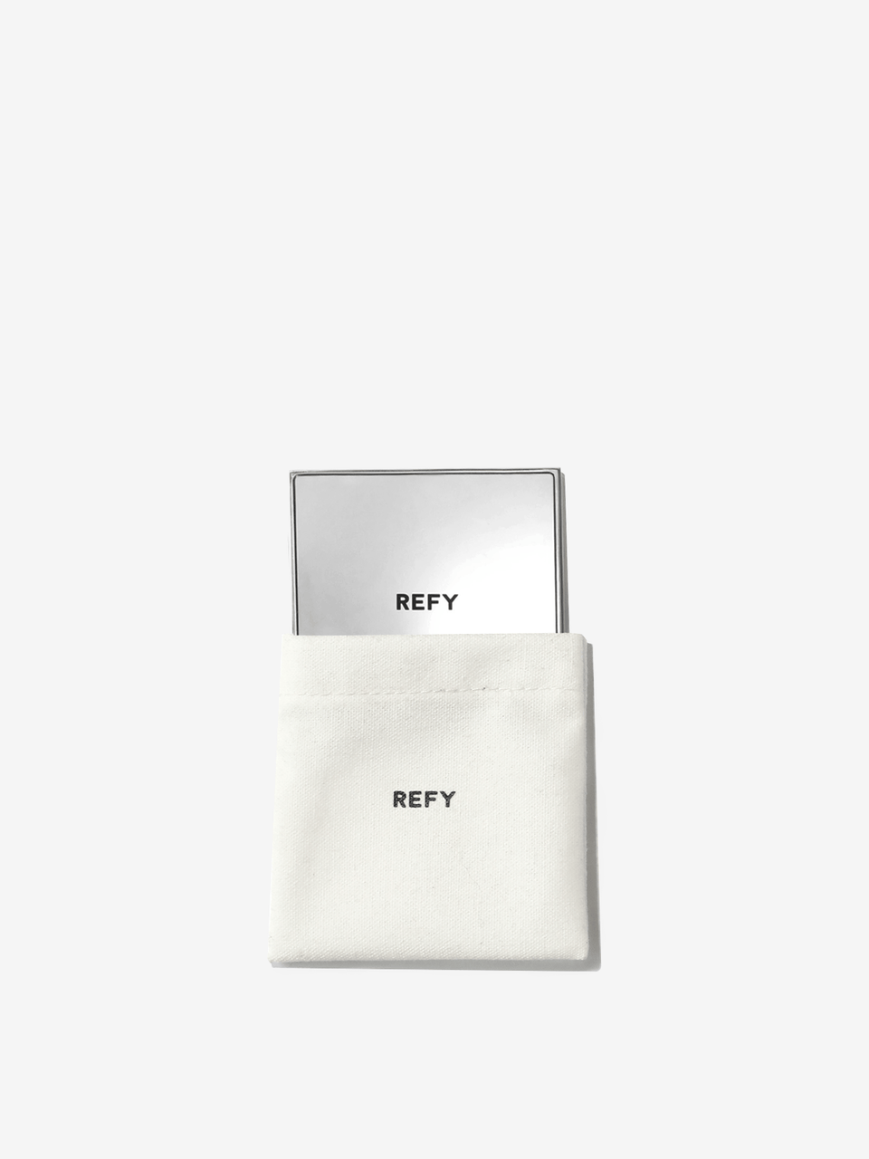 FRONT IMAGE OF REFY COMPACT MIRROR AND DUST BAG