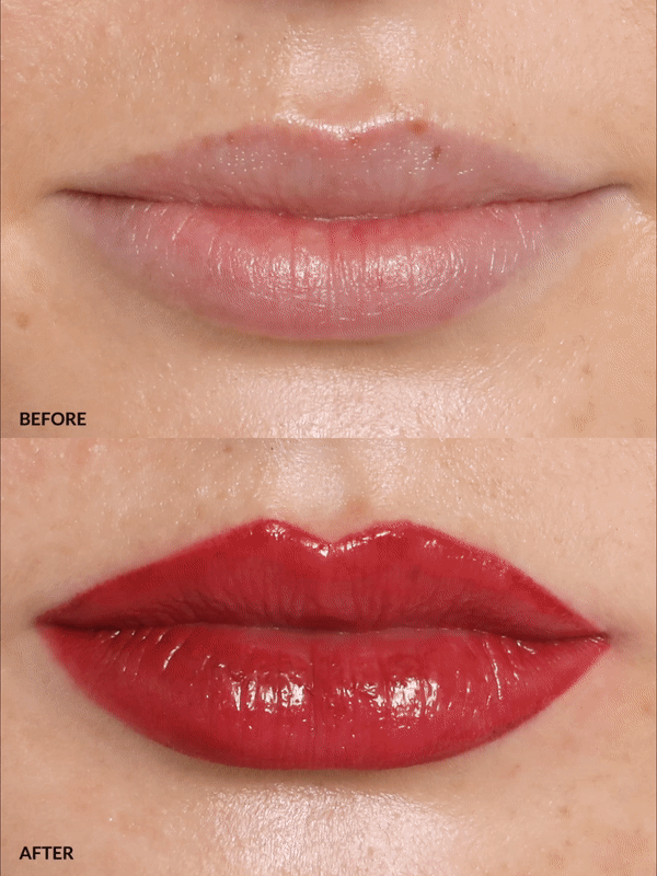 BEFORE AND AFTER REFY LIP GLOSS IN RED ON DIFFERENT SKIN TONES 