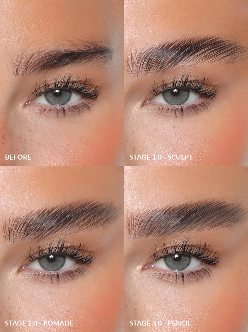 REFY 3.0 STAGE BROW COLLECTION STEP BY STEP. STAGE 1 - SCULPT. STAGE 2 - POMADE. STAGE 3 - PENCIL 