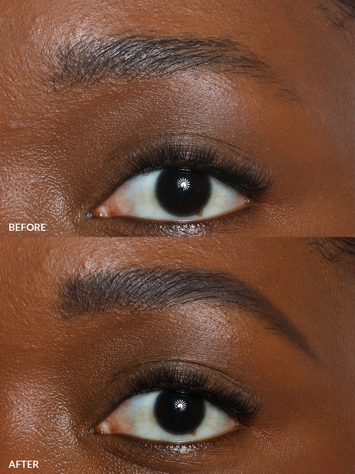 BROW POMADE IN DARK BEFORE AND AFTER ON MODEL 