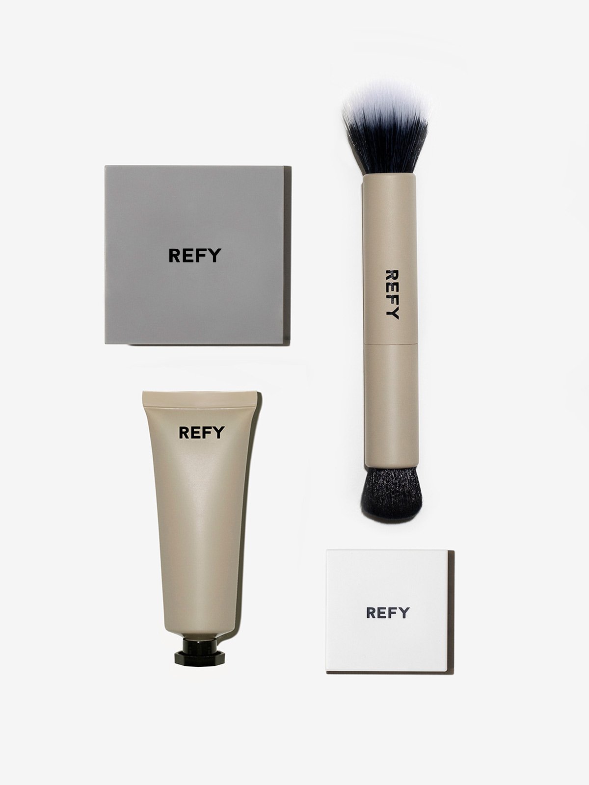 FRONT IMAGE OF REFY FACE SET + DUO BRUSH. CONTAINS CREAM BLUSH, CREAM BRONZER, GLOSS HIGHLIGHTER, DUO BRUSH