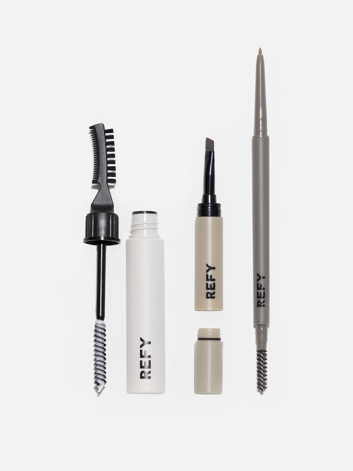 FRONT IMAGE OF REFY BROW SET. CONTAINS BROW SCULPT, BROW POMADE & BROW PENCIL