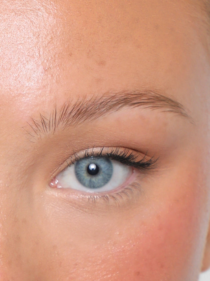 CLOSE UP OF REFY BROW TINT IN SOFT BROWN ON MODEL 