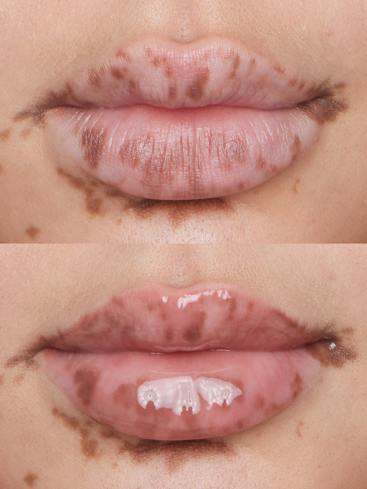 CLOSE UP OF LIPS BEFORE AND AFTER REFY LIP GLOSS IN CLEAR 